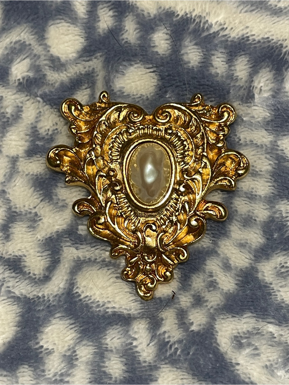 Gold-Tone Ornate Filigree Brooch with Pearl Center